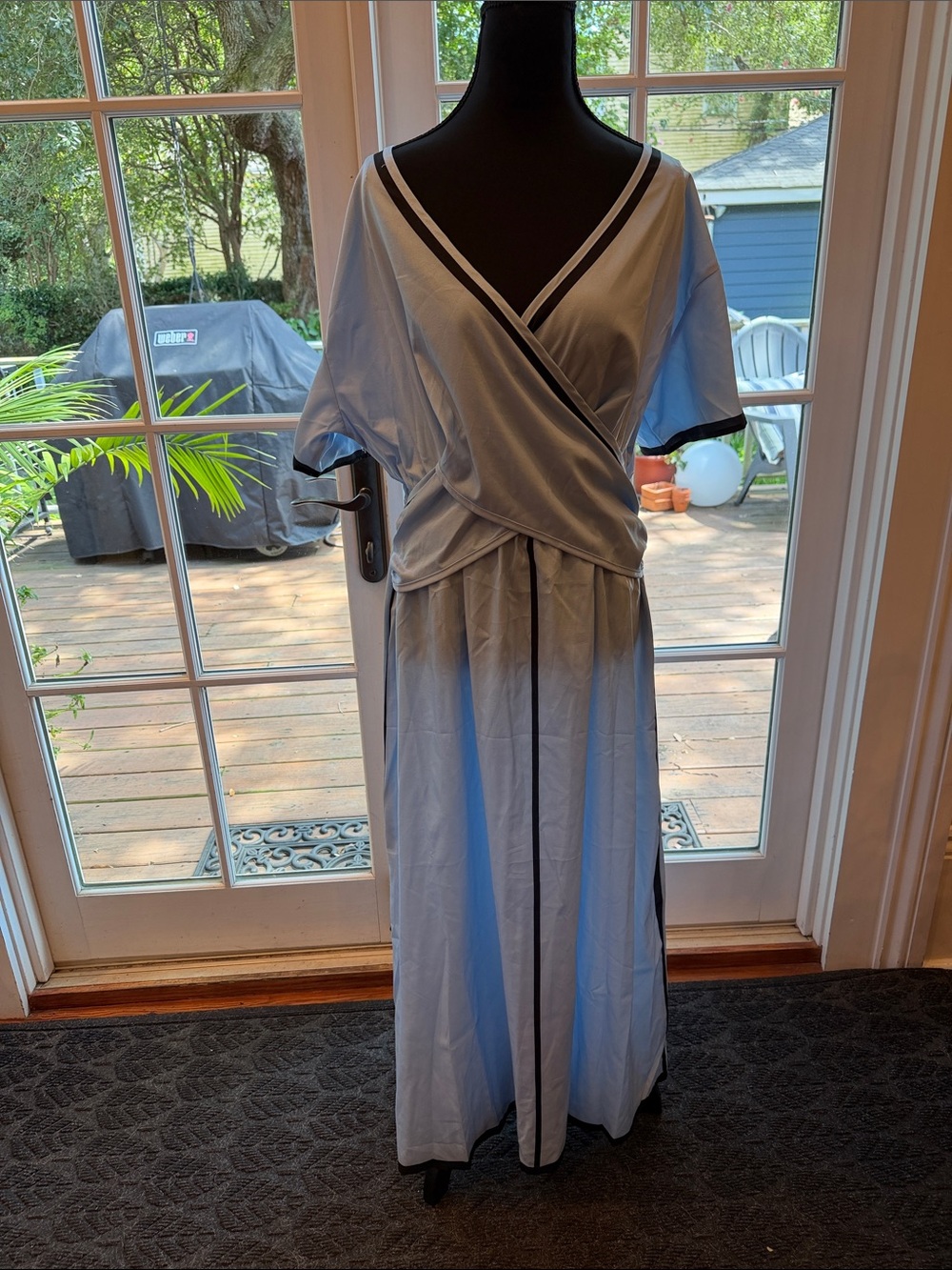 Light Blue V-Neck Wrap Maxi Dress with Black Trim